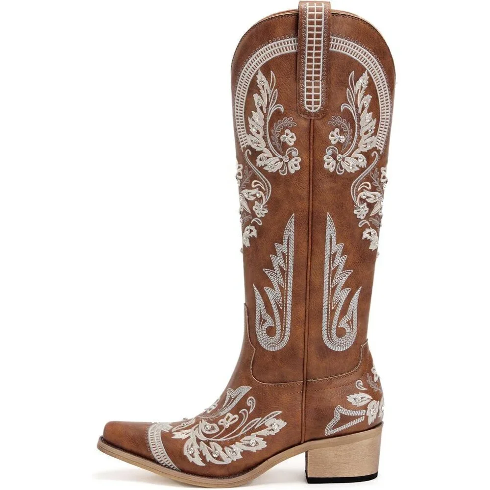 Women Faux Leather Brown Rhinestones Embroidered Chunky Heel Knee High Boot